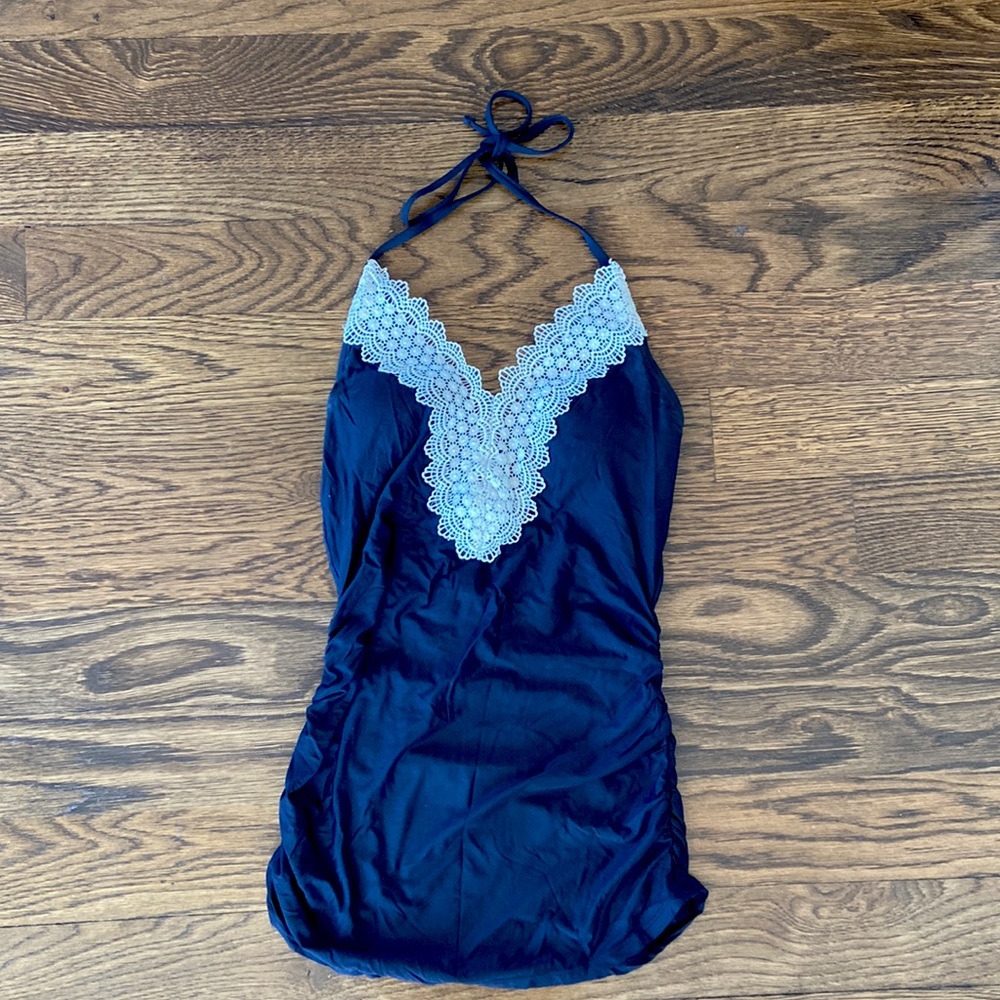 Flattering Comfortable Ivory Lace & Black Maternity Halter Bathing Suit Tank